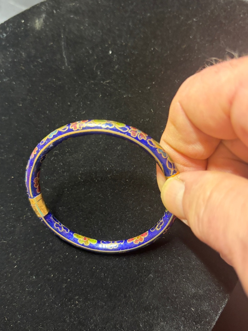 Vintage Chinese Blue Cloisonné Floral Hinged Bangle Bracelet Estate Jewelry